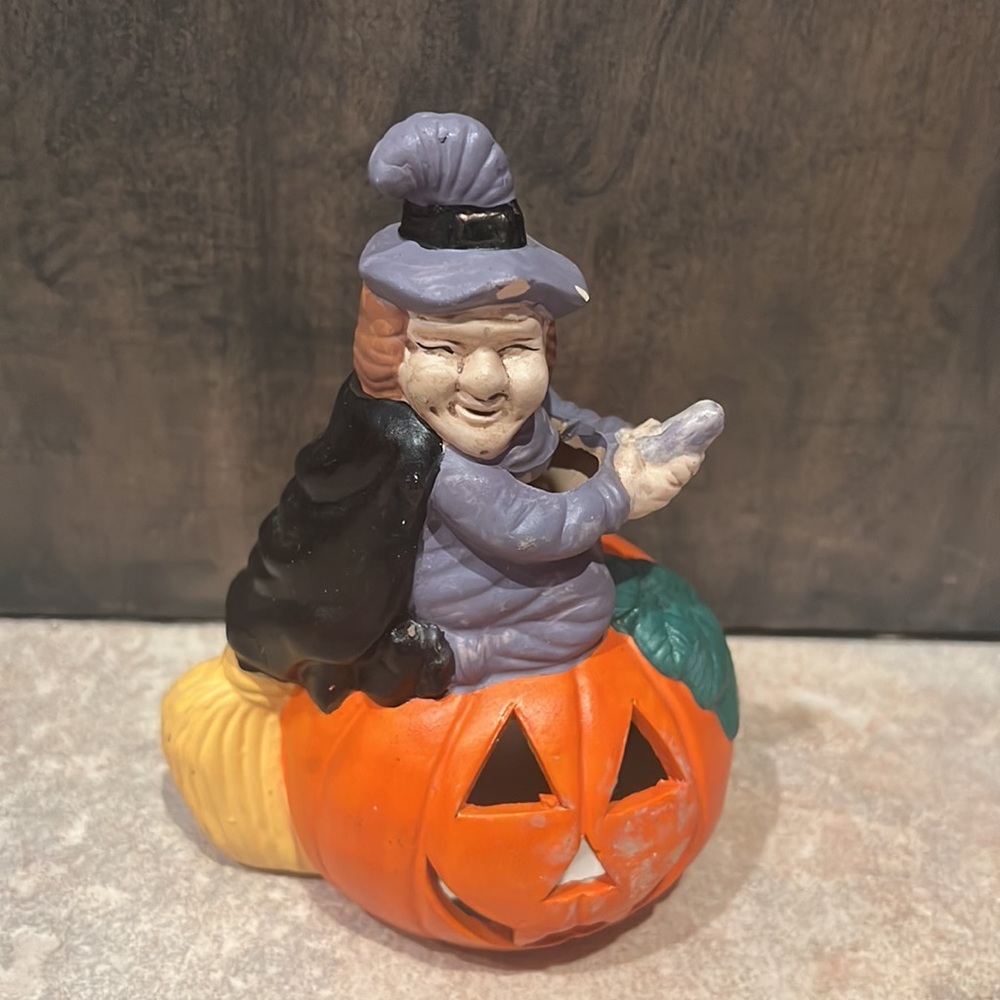 Vintage candleholder witch and pumpkin